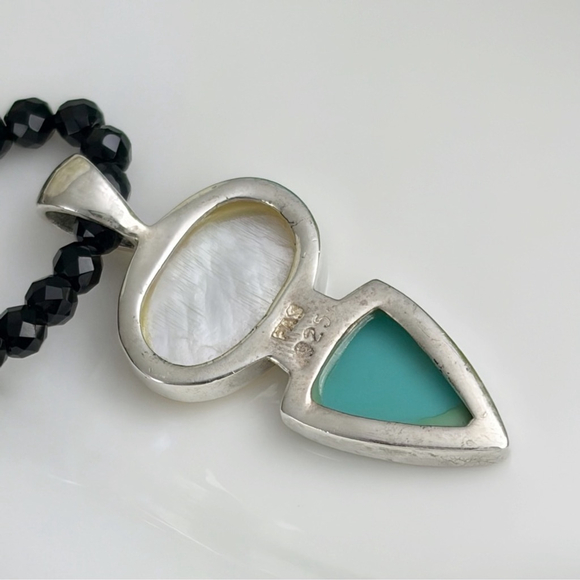 Vintage Sterling Silver 925 Mother of Pearl & Turquoise Pendant Necklace - Picture 6 of 6